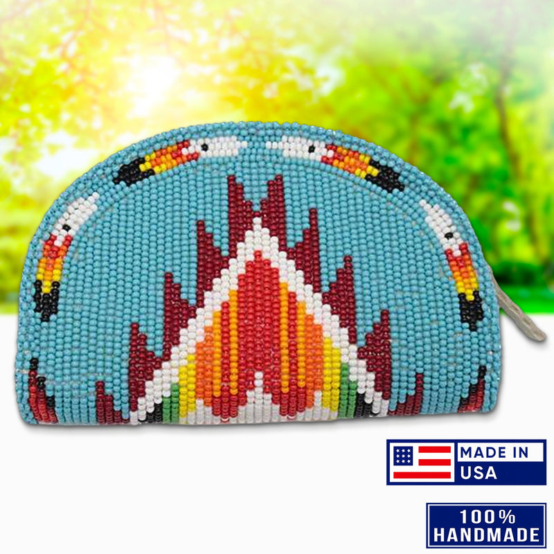 Native Inspired Ethnic Style Cyan Red Seed Bead Beaded Coin Purse IBL