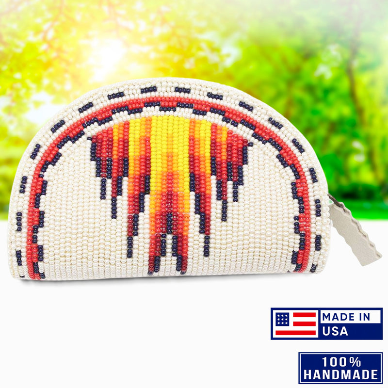 Native Inspired Ethnic Style Cream Fire Seed Bead Beaded Coin Purse IBL