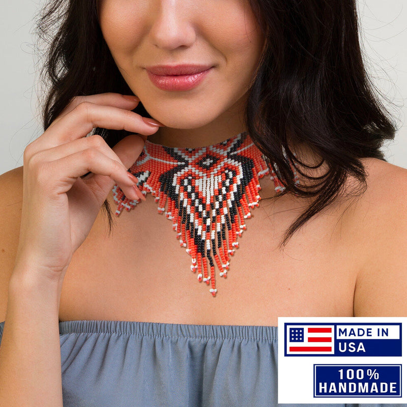 Handmade Beaded Red Seed Bead Choker Necklace Unisex With Native American Style
