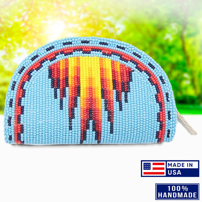Native Inspired Ethnic Style Cyan Seed Bead Beaded Coin Purse IBL