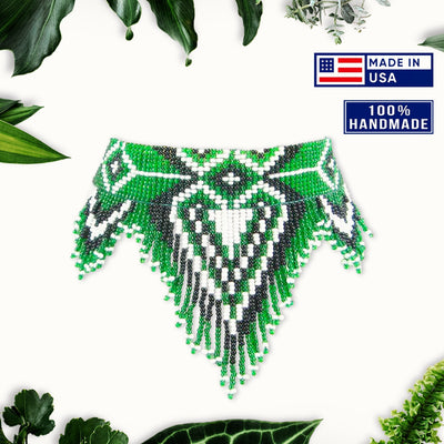 Green Black White Heart Beaded Bib Necklace Choker Unisex With Native American Style