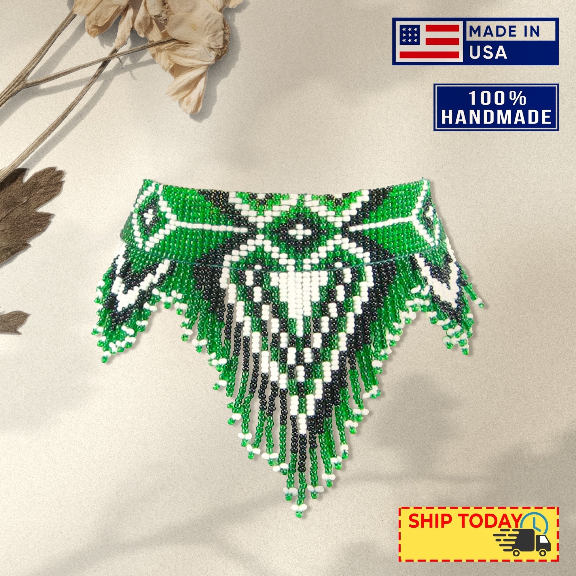 Green Black White Heart Beaded Bib Necklace Choker Unisex With Native American Style