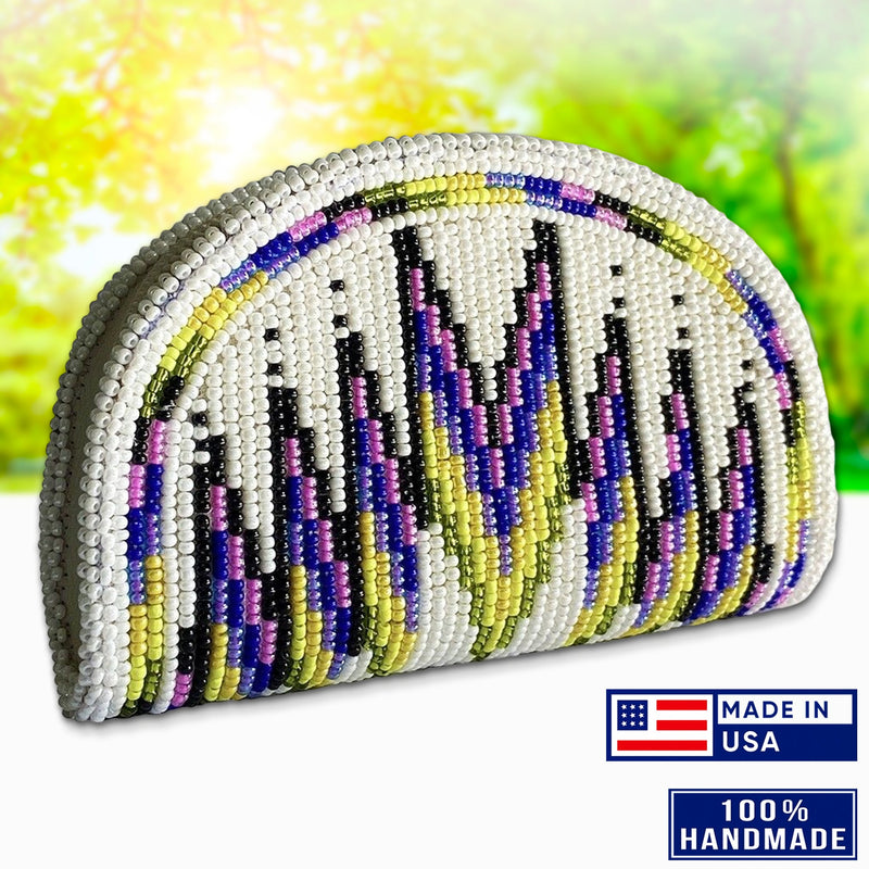 Native Inspired Ethnic Style Purple Cream Seed Bead Beaded Coin Purse