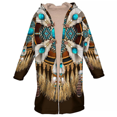 Native American Dreamcatcher Pattern Horn Button Long Fleece Windbreaker WCS
