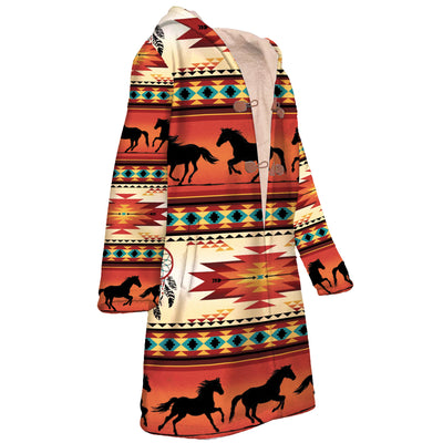 Native American Horses Pattern Horn Button Long Fleece Windbreaker WCS
