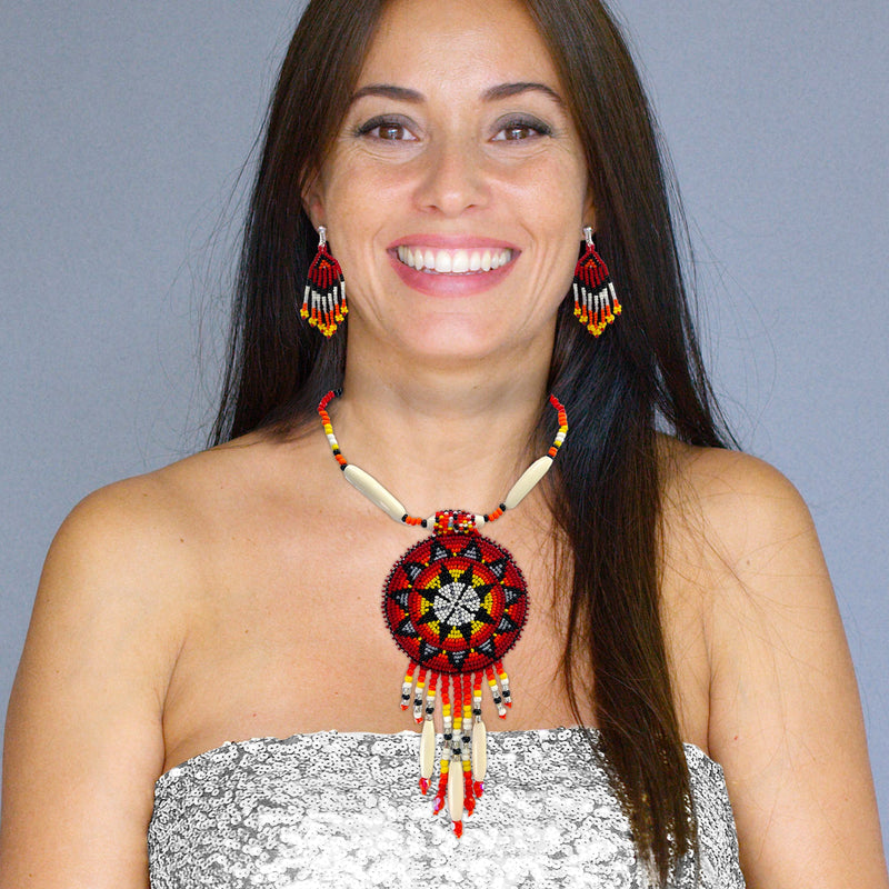 Red Seed Beads Long Medallion Star Fire Color Beaded Necklace Earrings Set WCS
