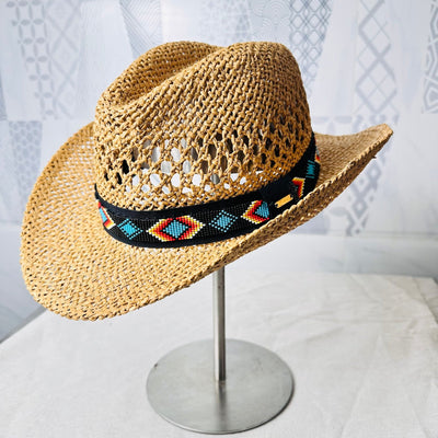 Straw Cowboy Cowgirl Hat With Hatband Beaded Brim Native American Style