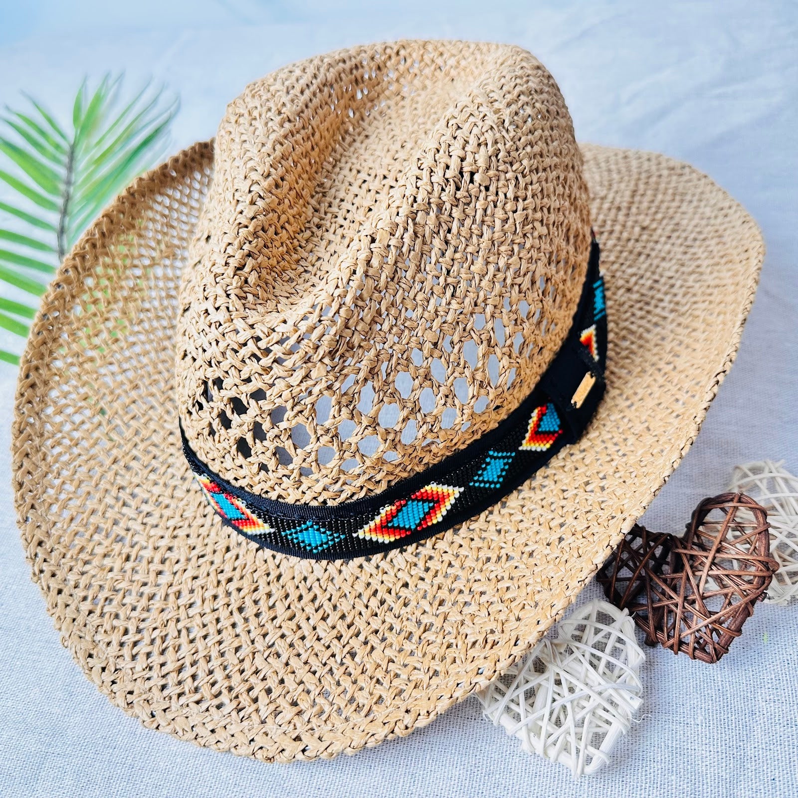 Straw Cowboy Cowgirl Hat With Hatband Beaded Brim Native American Style
