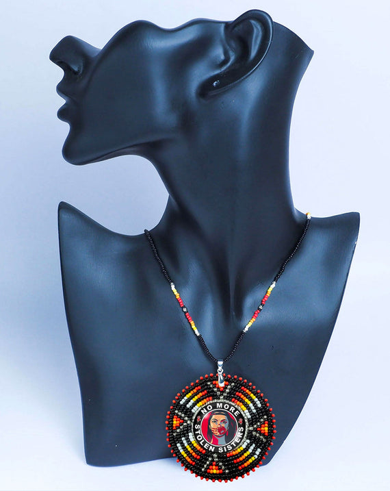 SALE 30% OFF - MMIW Red Hand Sunburst Beaded Patch Necklace Pendant Unisex With Native American Style