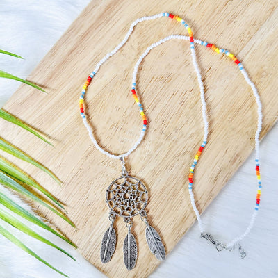 SALE 30% OFF - Long Silver Dreamcatcher Dark Blue Handmade Beaded Necklace For Women Native American Style