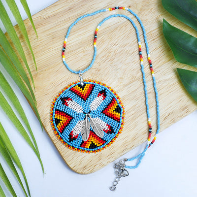 SALE 30% OFF - Four Feather Handmade Beaded Wire Necklace Pendant Unisex With Native American Style