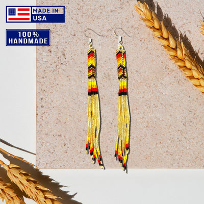 SALE 30% OFF - Gold Extra Long Pattern Beaded Handmade Earrings For Women Native Style