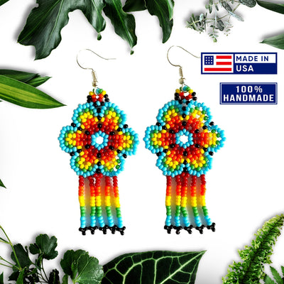 SALE 30% OFF - Ethnic Flower Turquoise Chandelier Beaded Handmade Earrings For Women