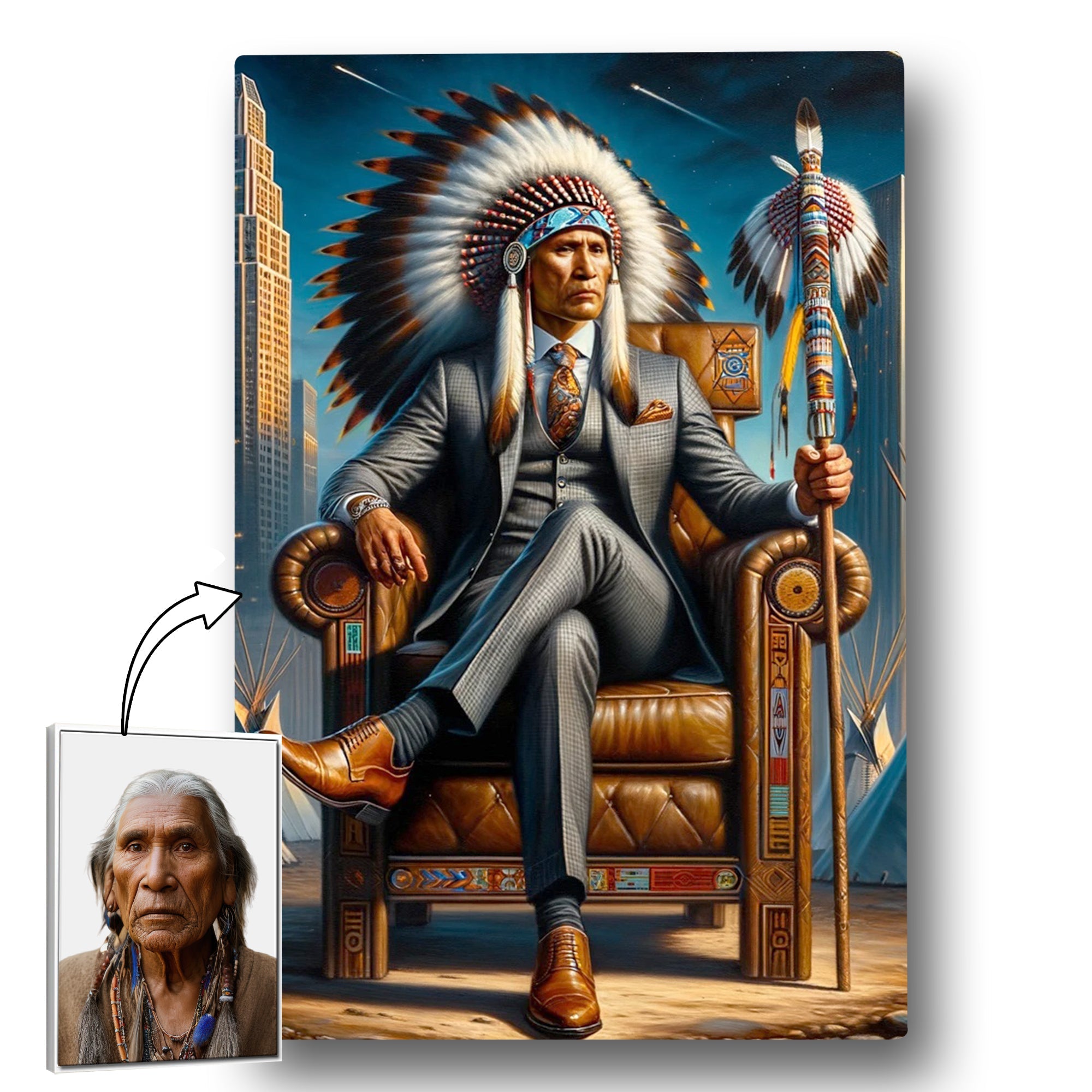 Custom Native American Chief And Scepter Sitting Portrait Photo Canvas Art Gift Home Decor