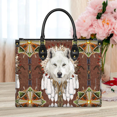 White Wolf With Headress Feathers Leather Handbag WCS021