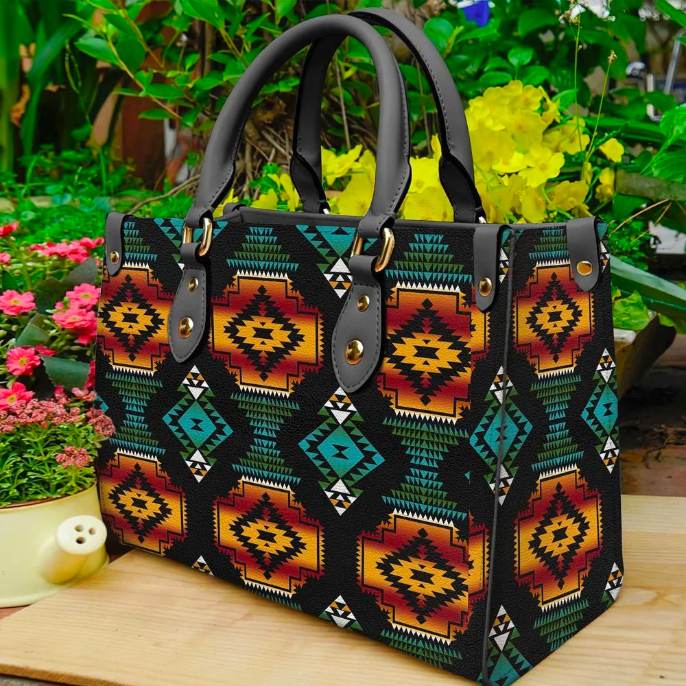 Native American Patterns Black Red Leather Handbag WCS007