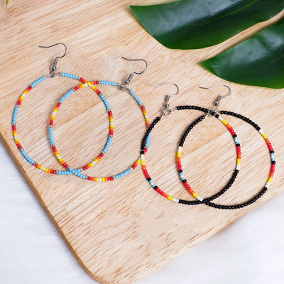 SALE 30% OFF - Black Round Pattern Beaded Handmade Hoop Earrings For Women