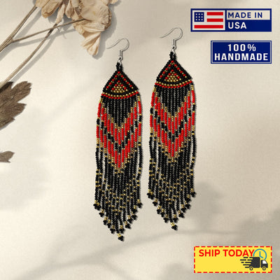 SALE 30% OFF - Red Black Long Beaded Handmade Earrings For Women