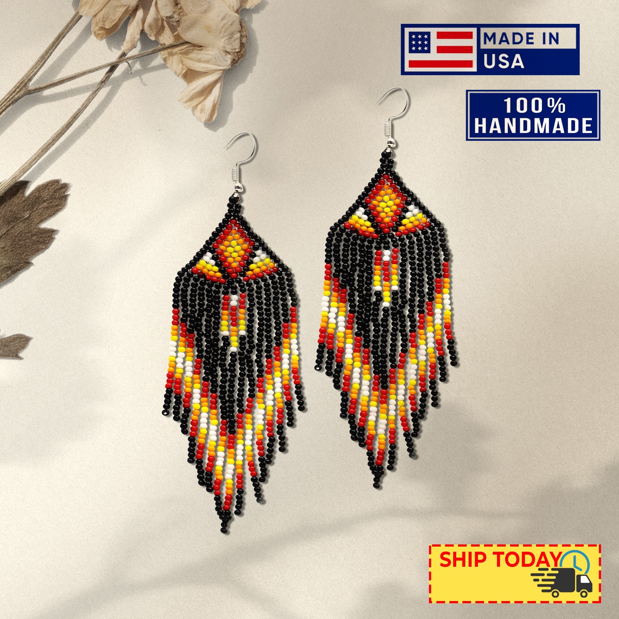 SALE 30% OFF - Black Sun Colors Hook Pattern Beaded Handmade Earrings For Women