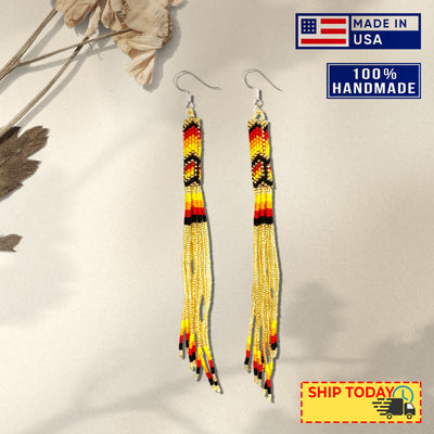 SALE 30% OFF - Gold Extra Long Pattern Beaded Handmade Earrings For Women Native Style