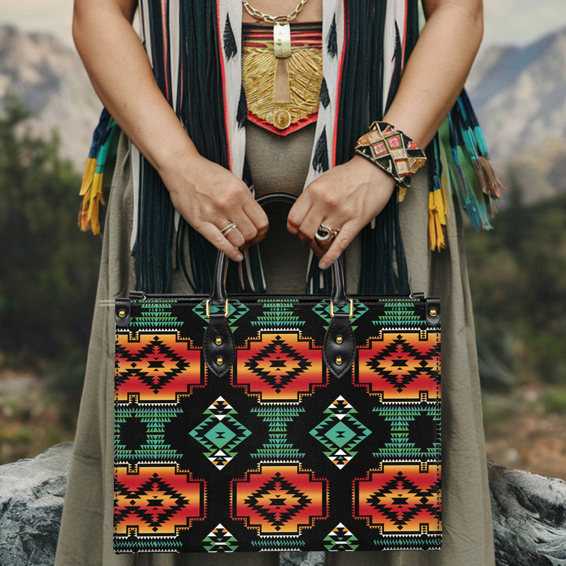 Native American Patterns Black Red Leather Handbag WCS007