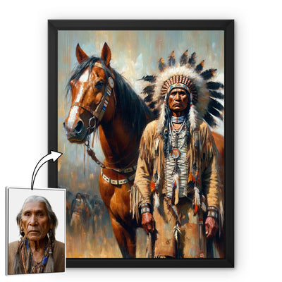 Custom Native American Chief And The Horse Standing Portrait Photo Canvas Art Gift Home Decor