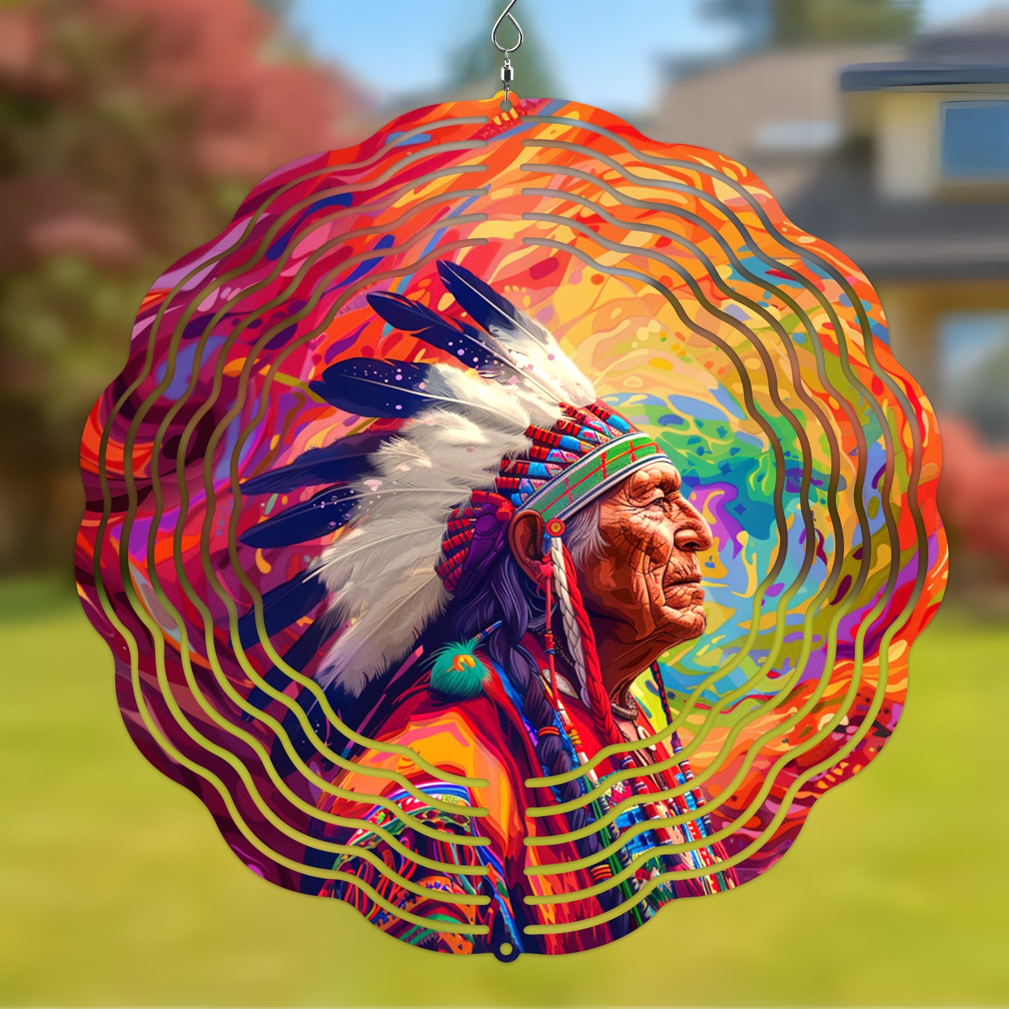 Colorful Native American Old Chief Wind Spinner 022