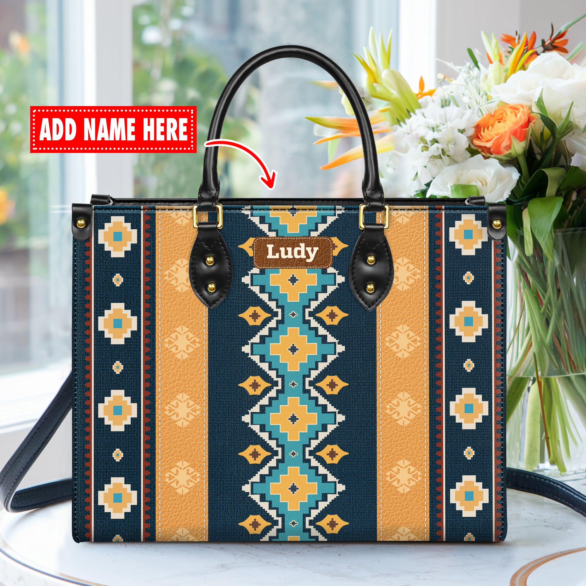 Personalized Leather Handbag for Women - Design Patten Boho Aztec Style LB09