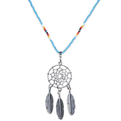 SALE 30% OFF - Long Silver Dreamcatcher Dark Blue Handmade Beaded Necklace For Women Native American Style