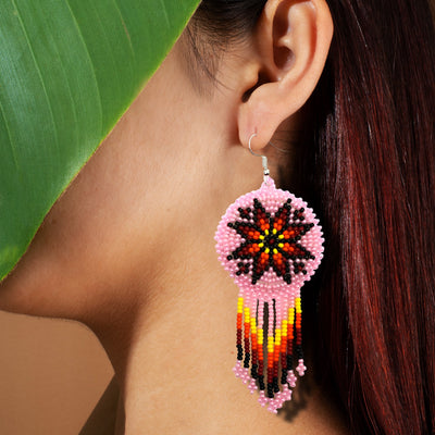 SALE 30% OFF - Pink Fire Color Round Beaded Handmade Earrings For Women