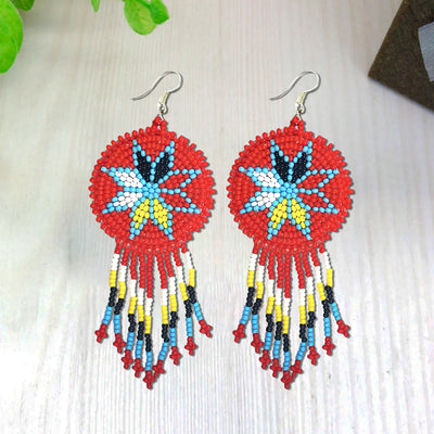 SALE 30% OFF - Red 4 Directions Round Fringe Beaded Handmade Earrings For Women