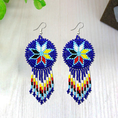 SALE 30% OFF - Blue 4 Directions Flower Round Beaded Handmade Earrings For Women