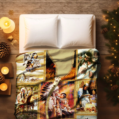 Native American Style Indigenous Family Soft and Warm Fleece Blanket