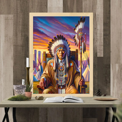 Custom Native American Chief And Scepter Sitting Portrait Photo Canvas Art Gift Home Decor