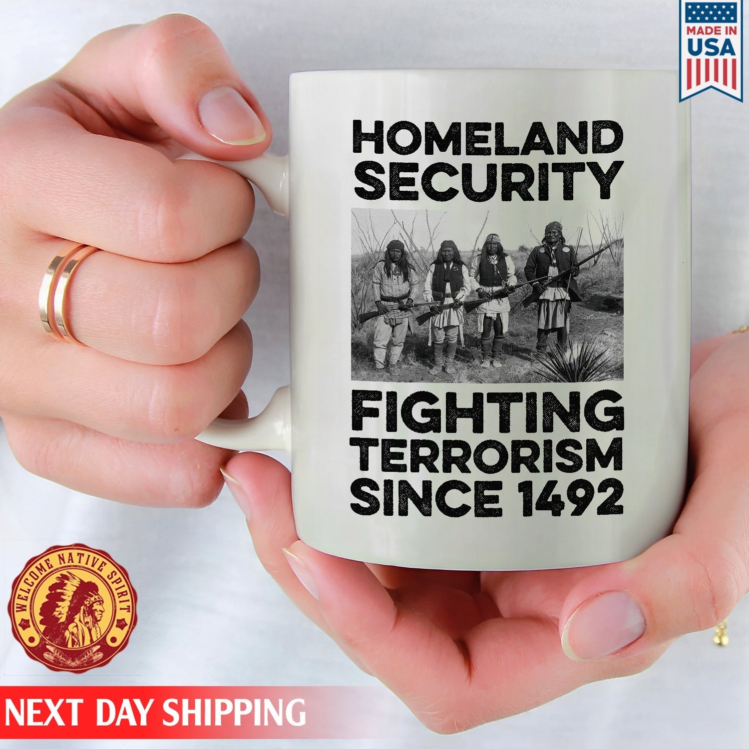 Native American Homeland Security Fighting Terrorism Since  Four Man Fighting Ceramic Coffee Mug