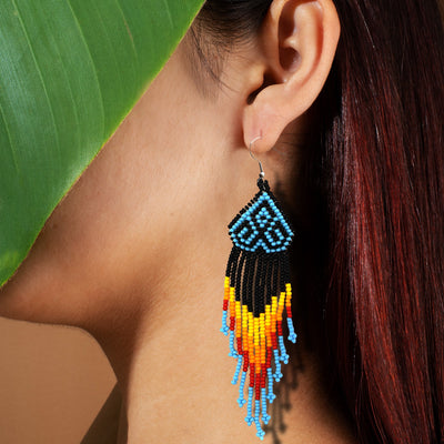 SALE 30% OFF - Black Multicolored Long Pattern Beaded Handmade Earrings For Women