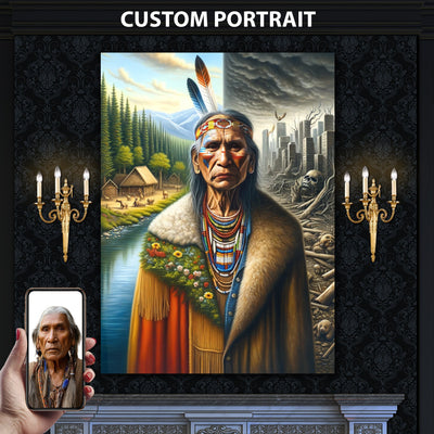 Custom Native American Chief Standing Portrait Photo Canvas Art Gift Home Decor