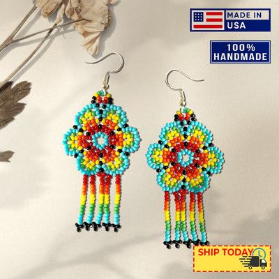 SALE 30% OFF - Ethnic Flower Turquoise Chandelier Beaded Handmade Earrings For Women