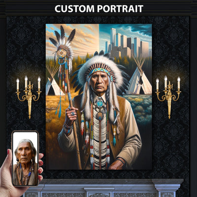 Custom Native American Chief And Scepter Standing Portrait Photo Canvas Art Gift Home Decor