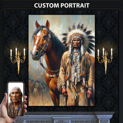 Custom Native American Chief And The Horse Standing Portrait Photo Canvas Art Gift Home Decor