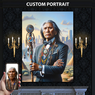 Custom Modern Native American Chief And Scepter Standing Portrait Photo Canvas Art Gift Home Decor