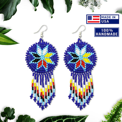 SALE 30% OFF - Blue 4 Directions Flower Round Beaded Handmade Earrings For Women