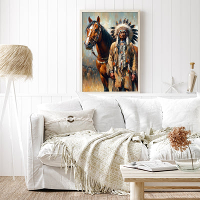 Custom Native American Chief And The Horse Standing Portrait Photo Canvas Art Gift Home Decor