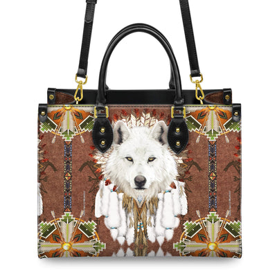 White Wolf With Headress Feathers Leather Handbag WCS021