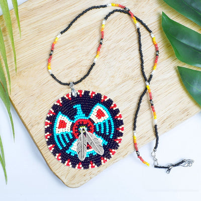 SALE 30% OFF - Dark Blue Thunderbird Beaded Patch Necklace Pendant Unisex With Native American Style