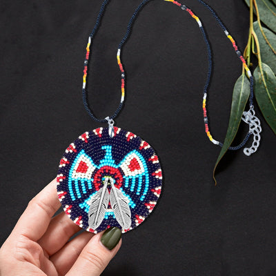 SALE 30% OFF - Dark Blue Thunderbird Beaded Patch Necklace Pendant Unisex With Native American Style