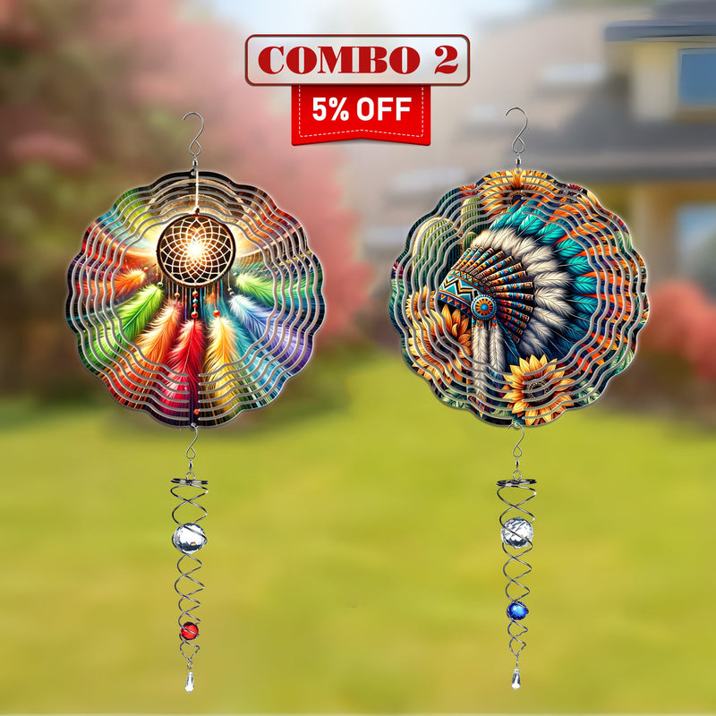 [COMBO 2 ] Colorful Wind Spinner Chief Headdress + Dreamcatcher Native American