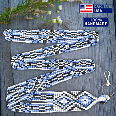 SALE 30% OFF - Blue White Black Geometric Art Beaded Lanyard Beadwork