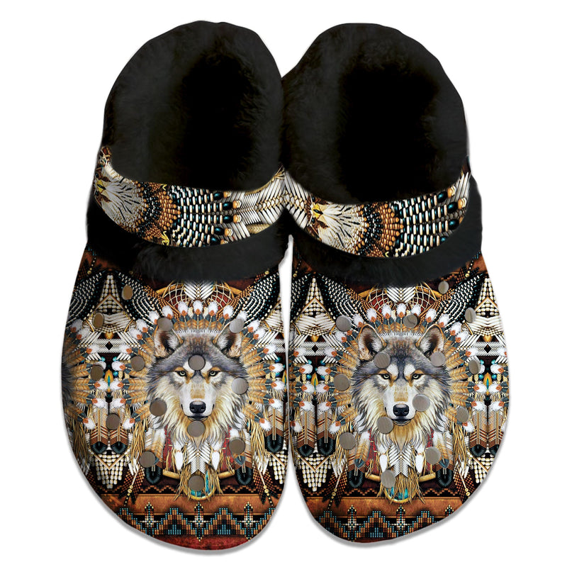 Fleece Unisex Wolves Pattern Clog Shoes For Women and Men Native American Style
