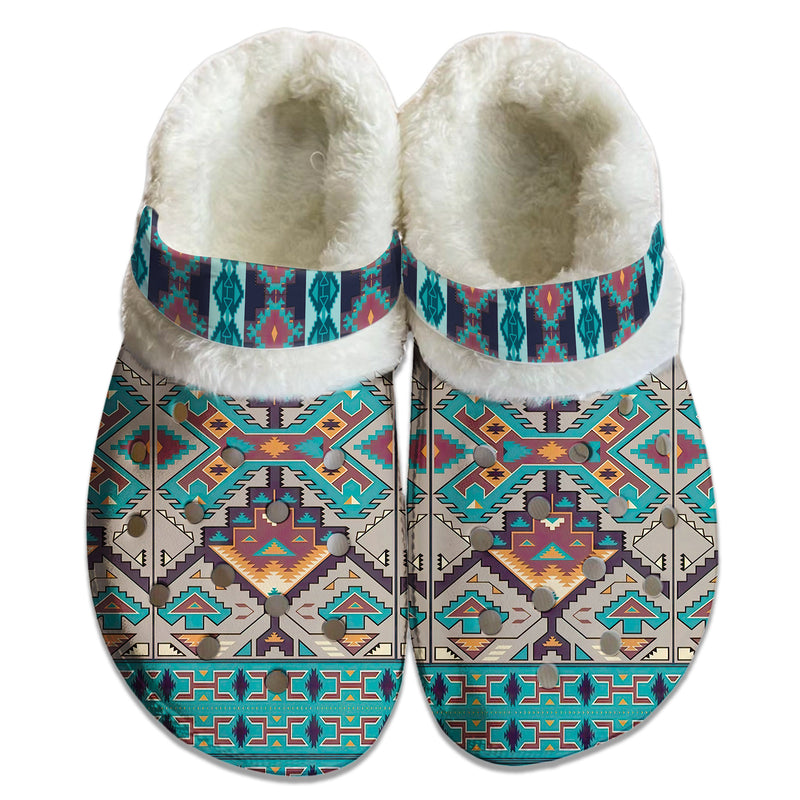 Unisex Turquoise Pattern Fleece Clog Shoes For Women and Men Native American Style